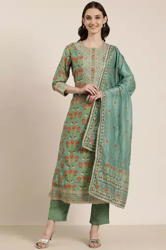 women's round neck floral green straight kurta and trouser with dupatta