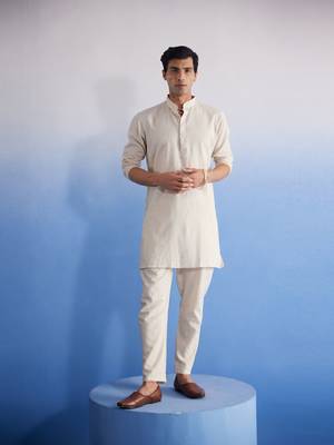 Cream Khadi Cotton Kurta Pyjama Set 1