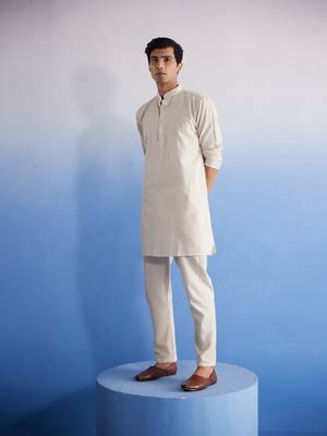 Cream Khadi Cotton Kurta Pyjama Set 2