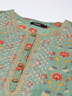 women's round neck floral green straight kurta and trouser with dupatta 3