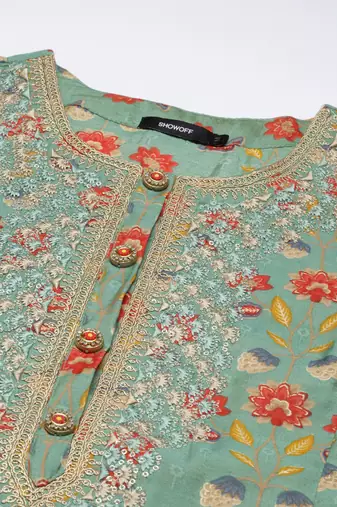 women's round neck floral green straight kurta and trouser with dupatta