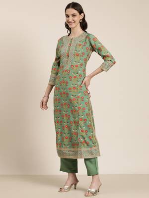 women's round neck floral green straight kurta and trouser with dupatta 4