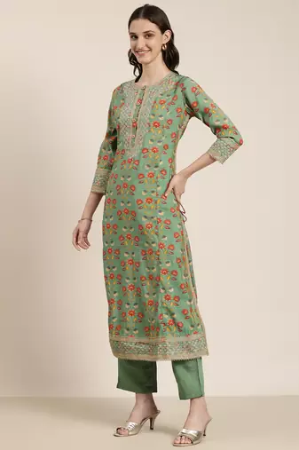 women's round neck floral green straight kurta and trouser with dupatta