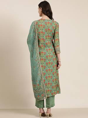 women's round neck floral green straight kurta and trouser with dupatta 5