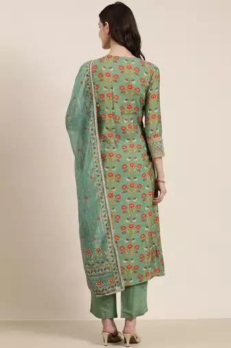 women's round neck floral green straight kurta and trouser with dupatta