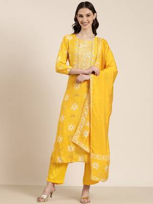 women's round neck floral batik yellow straight kurta and trouser with dupatta 2