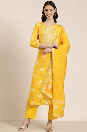 women's round neck floral batik yellow straight kurta and trouser with dupatta