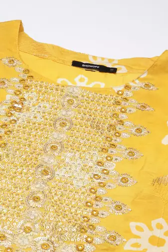 women's round neck floral batik yellow straight kurta and trouser with dupatta