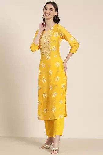 women's round neck floral batik yellow straight kurta and trouser with dupatta