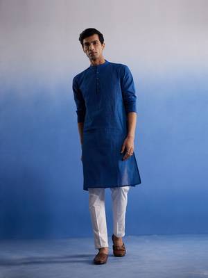 Blue And White Pure Cotton Kurta Pyjama Set 1