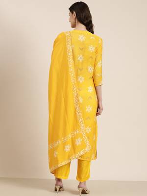 women's round neck floral batik yellow straight kurta and trouser with dupatta 5