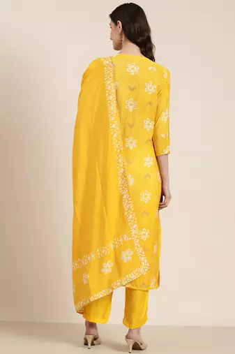 women's round neck floral batik yellow straight kurta and trouser with dupatta