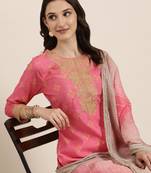 women's round neck bandhani zari pink straight kurta and trouser with dupatta