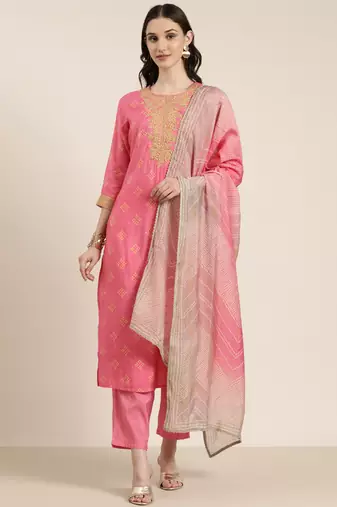 women's round neck bandhani zari pink straight kurta and trouser with dupatta