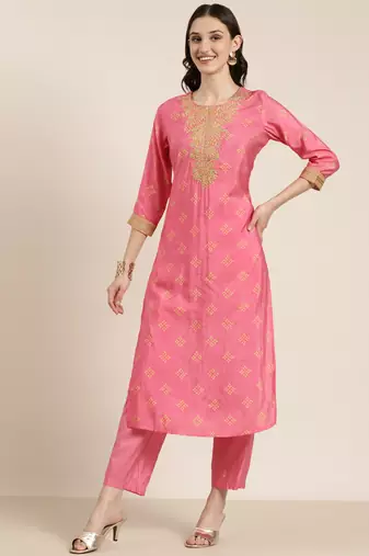 women's round neck bandhani zari pink straight kurta and trouser with dupatta