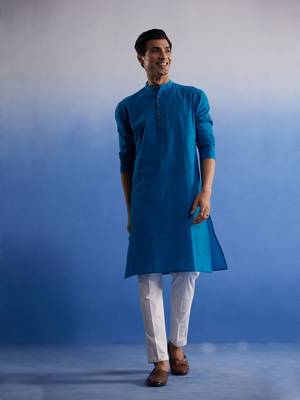 Men'S Aqua And White Pure Cotton Kurta Pyjama Set 1