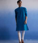 Men'S Aqua And White Pure Cotton Kurta Pyjama Set