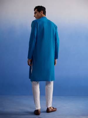 Men'S Aqua And White Pure Cotton Kurta Pyjama Set 3