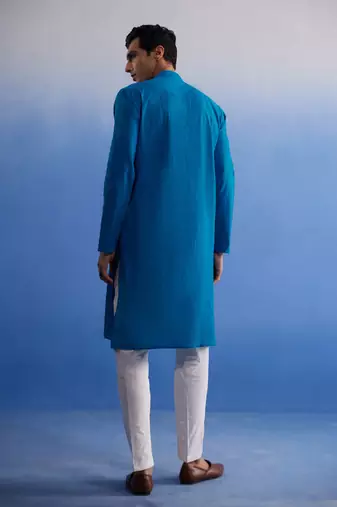 Men'S Aqua And White Pure Cotton Kurta Pyjama Set