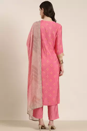 women's round neck bandhani zari pink straight kurta and trouser with dupatta