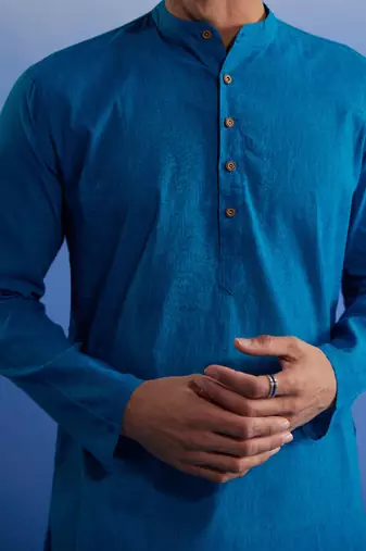 Men'S Aqua And White Pure Cotton Kurta Pyjama Set