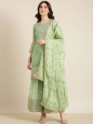 women's round neck floral zari green straight kurti and sharara with dupatta 2