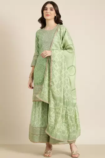 women's round neck floral zari green straight kurti and sharara with dupatta