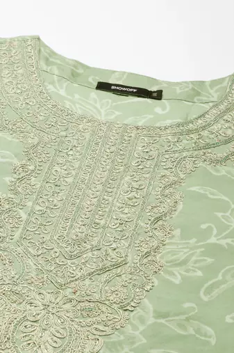 women's round neck floral zari green straight kurti and sharara with dupatta