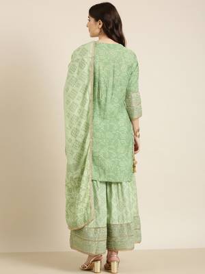 women's round neck floral zari green straight kurti and sharara with dupatta 4