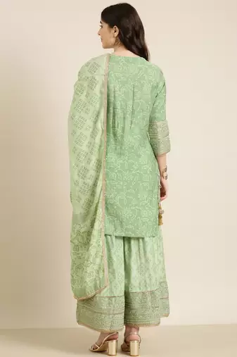 women's round neck floral zari green straight kurti and sharara with dupatta