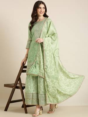 women's round neck floral zari green straight kurti and sharara with dupatta 5