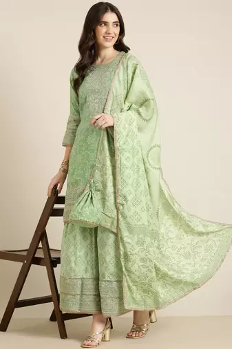 women's round neck floral zari green straight kurti and sharara with dupatta