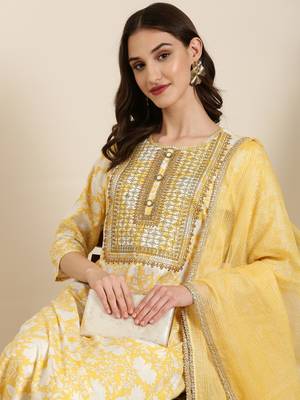 women's round neck floral foil print yellow straight kurta and trouser with dupatta 1