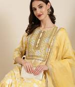 women's round neck floral foil print yellow straight kurta and trouser with dupatta