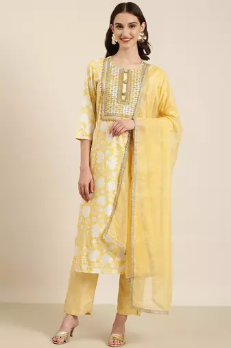 women's round neck floral foil print yellow straight kurta and trouser with dupatta