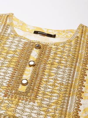 women's round neck floral foil print yellow straight kurta and trouser with dupatta 3
