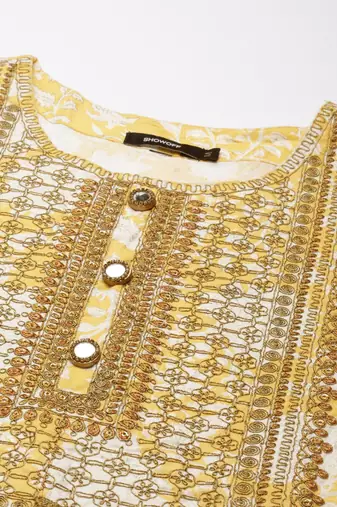 women's round neck floral foil print yellow straight kurta and trouser with dupatta