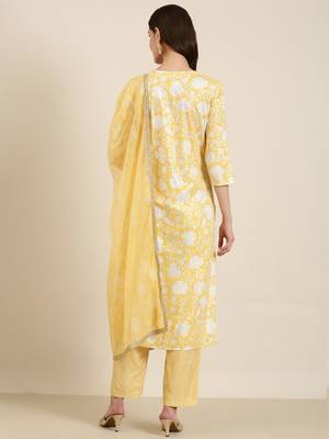 women's round neck floral foil print yellow straight kurta and trouser with dupatta 4