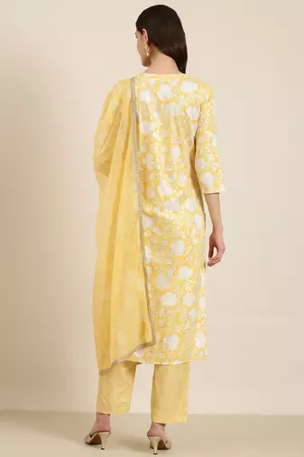 women's round neck floral foil print yellow straight kurta and trouser with dupatta