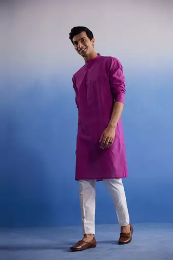 Purple And White Pure Cotton Kurta Pyjama Set