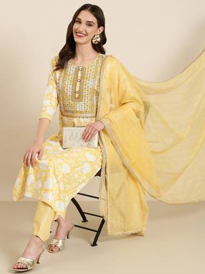women's round neck floral foil print yellow straight kurta and trouser with dupatta 5