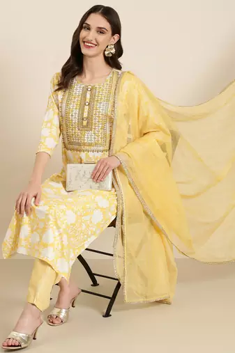 women's round neck floral foil print yellow straight kurta and trouser with dupatta