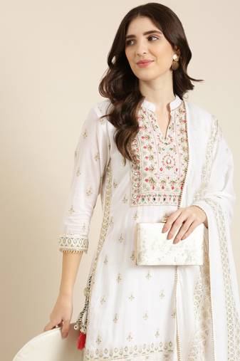 Showoff women's mandarin collar ethnic motifs foil print white straight kurta and sharara with dupatta