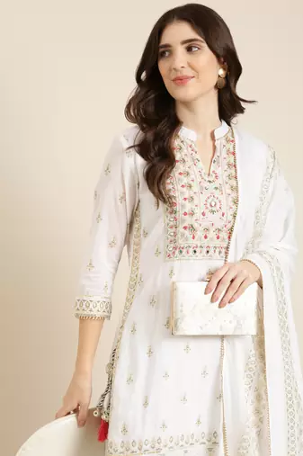 Showoff women's mandarin collar ethnic motifs foil print white straight kurta and sharara with dupatta