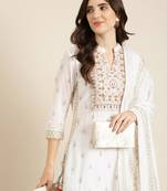 Showoff women's mandarin collar ethnic motifs foil print white straight kurta and sharara with dupatta
