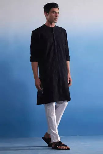 Black Cotton Kurta Pyjama Set