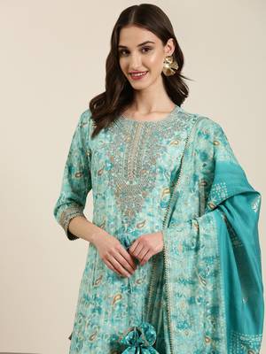 Showoff women's round neck paisley foil print turquoise blue straight kurta and trouser with dupatta 1