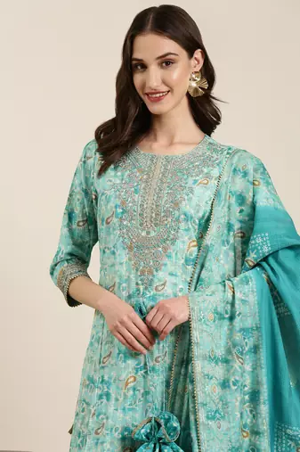 Showoff women's round neck paisley foil print turquoise blue straight kurta and trouser with dupatta