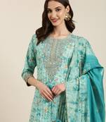 Showoff women's round neck paisley foil print turquoise blue straight kurta and trouser with dupatta