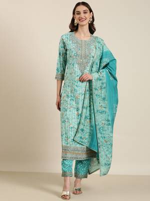Showoff women's round neck paisley foil print turquoise blue straight kurta and trouser with dupatta 2